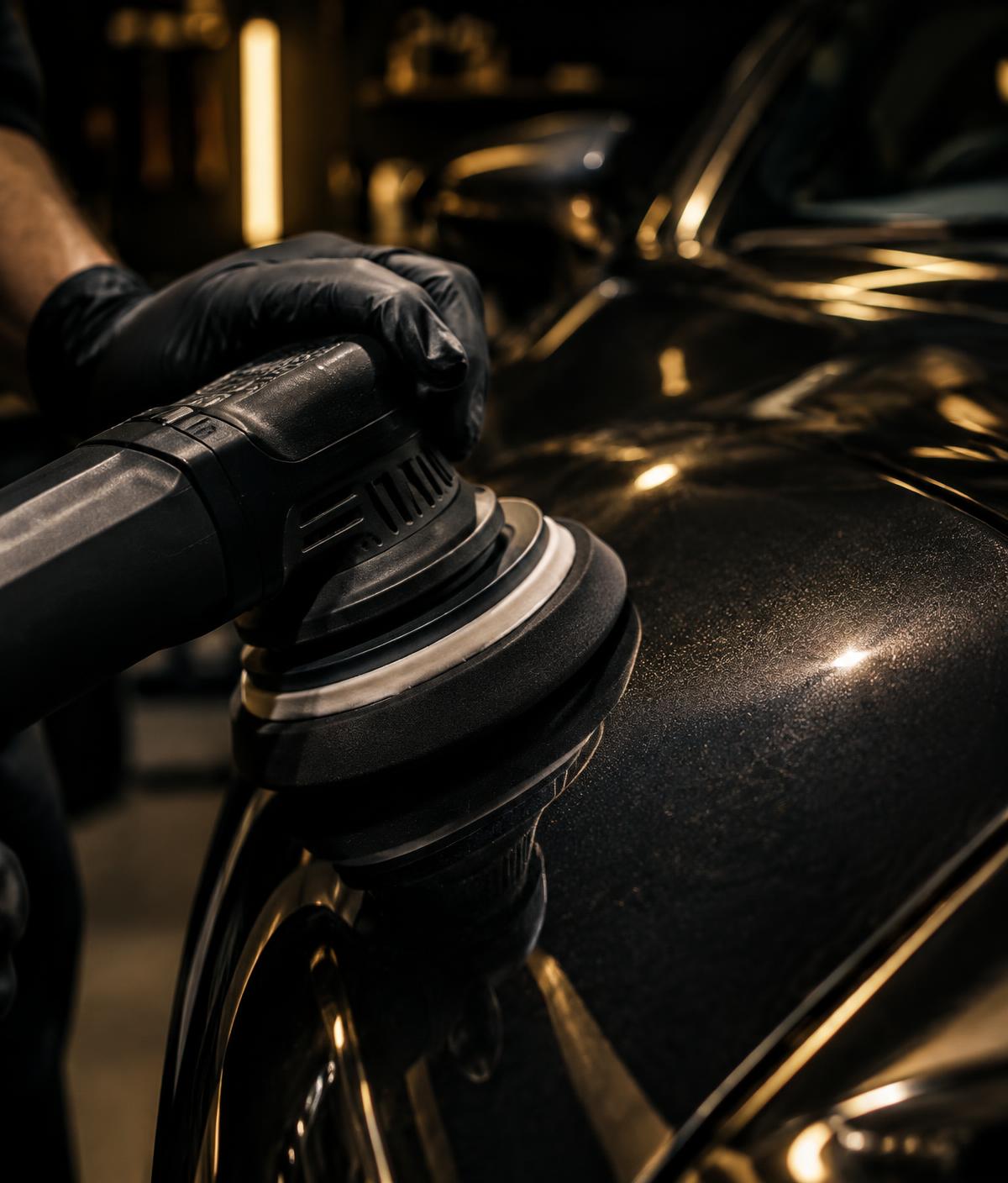 Professional detailer polishing dark metallic car paint