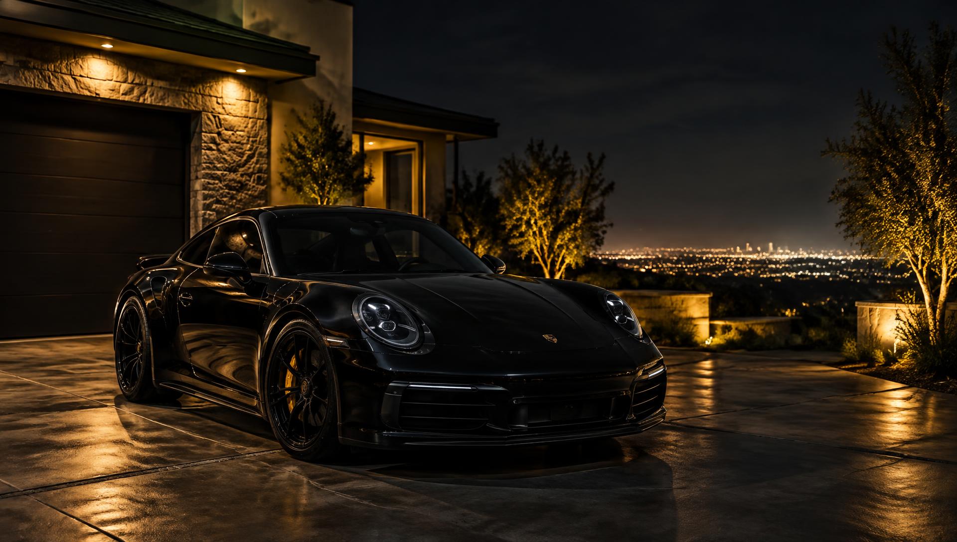 Pristine black sports car in a driveway at night